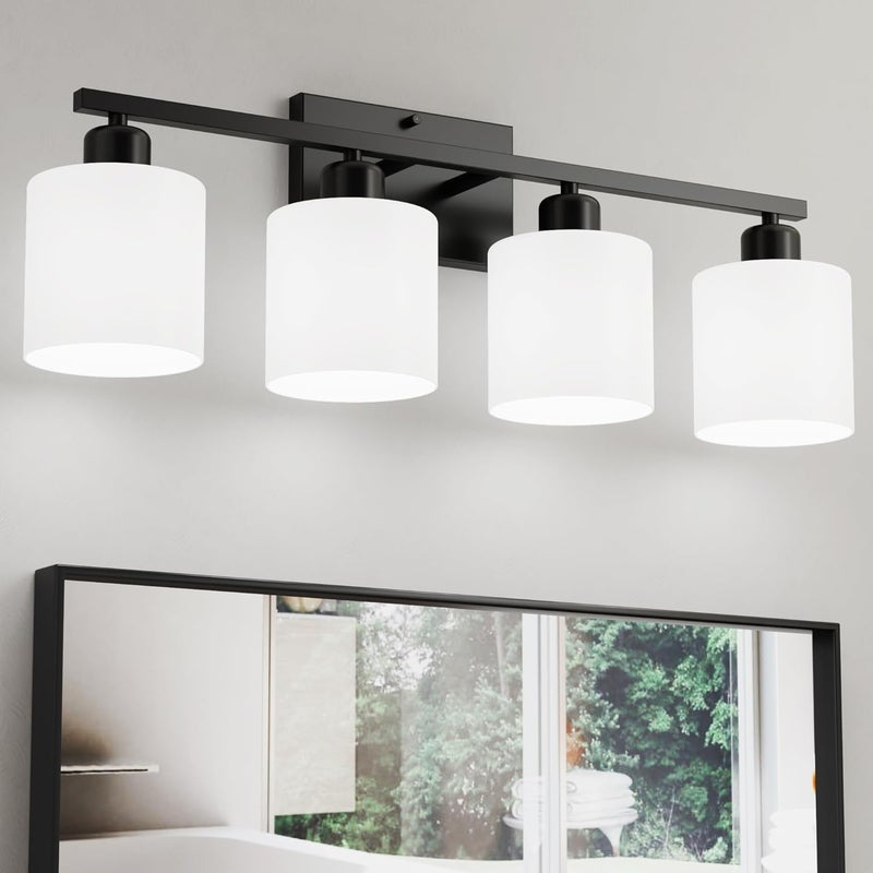 Dekang Black Vanity Lights for Bathroom, Anti-rust 4-Light Bathroom Light Fixtures Over Mirror, Modern 24Inches Wall Sconces, Eye-caring Milky White Glass Shades, Standard E26 Base, Bulbs Not Included - Image 1
